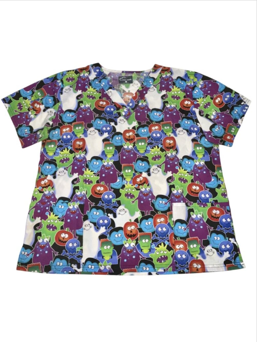 Butter Soft Women's Large Scrub Top Spooky Monster Fall Halloween Bat Nurse Vet